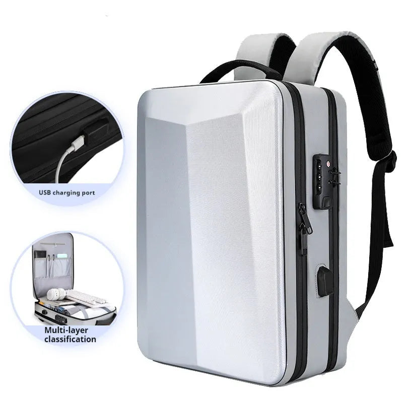 Black waterproof business backpack made from ABS PC and Oxford cloth with curved shoulder straps
