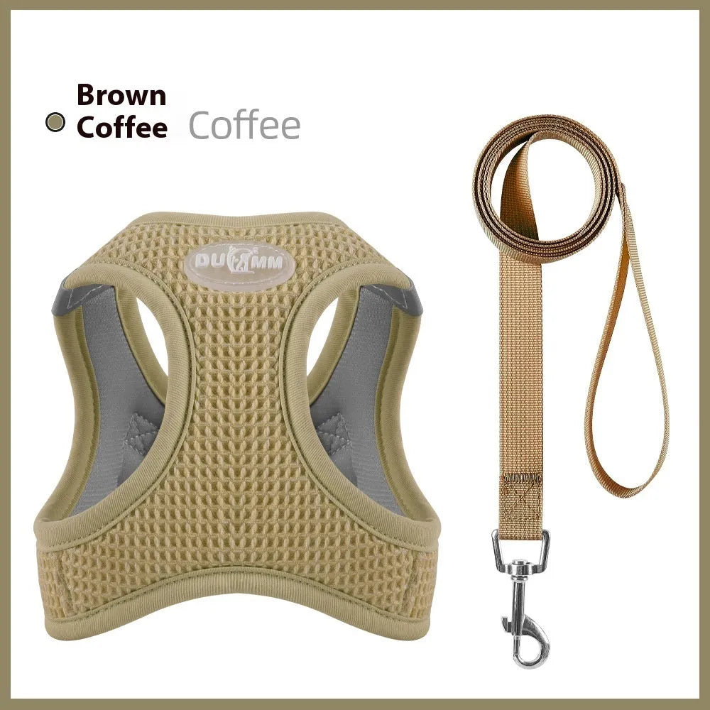 Brown cloth cat harness with integrated pulling rope and chest strap design