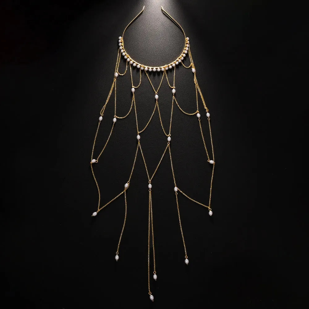 Electroplated mesh tassel hair chain for women in gold or silver with pearl details