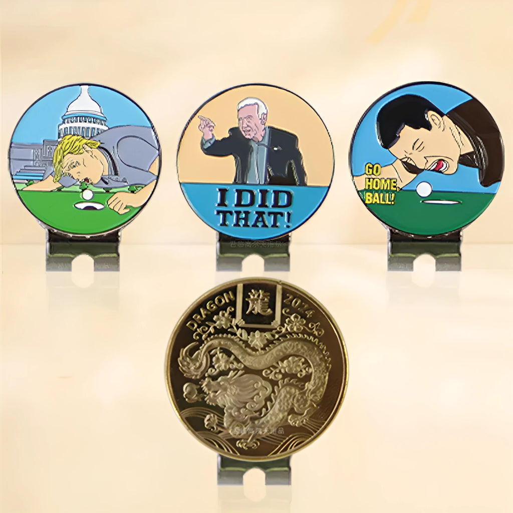 Zinc alloy golf hat clip with engraved pattern options including Dragon Year design