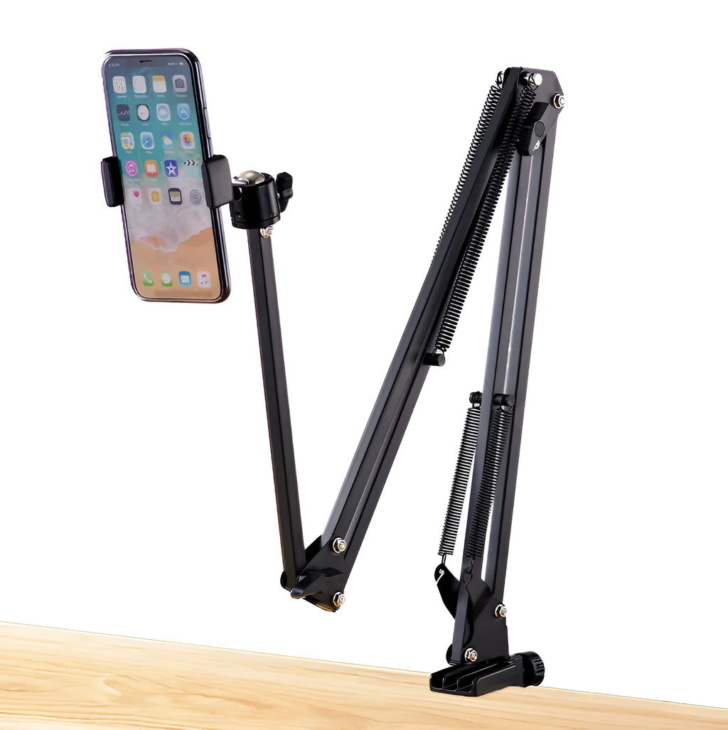 Black metal desktop cantilever bracket holding tablet with adjustable arms and folding mechanism