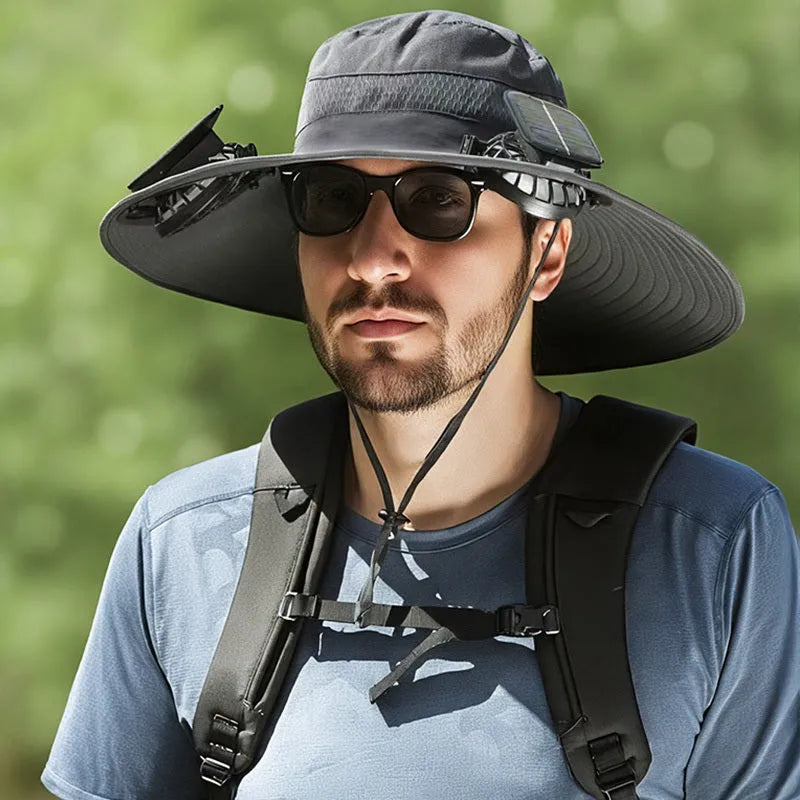 Solar-powered fan hat for outdoor fishing with adjustable design and wide sun protection brim