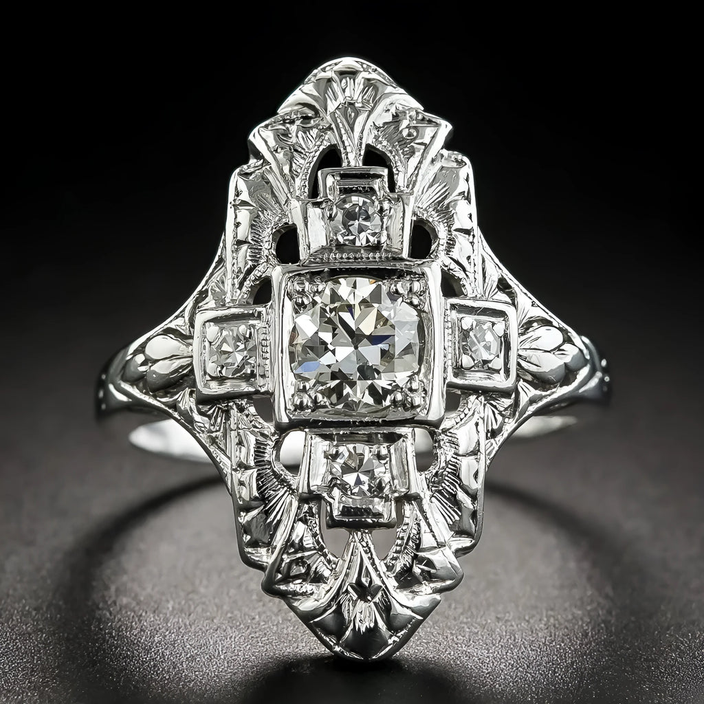 Hollow out geometric silver colour ring with diamond studs on a copper base
