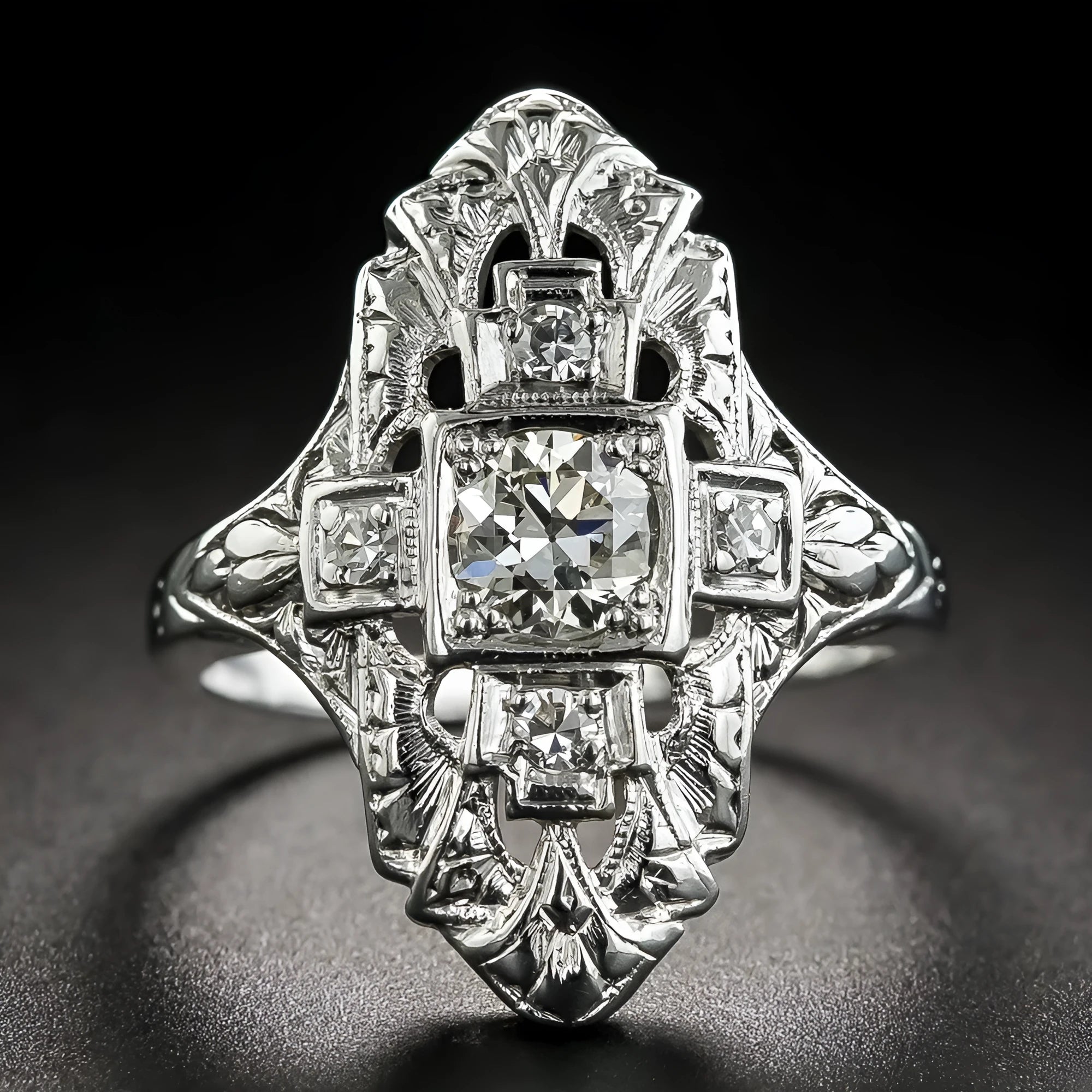 Hollow out geometric silver colour ring with diamond studs on a copper base