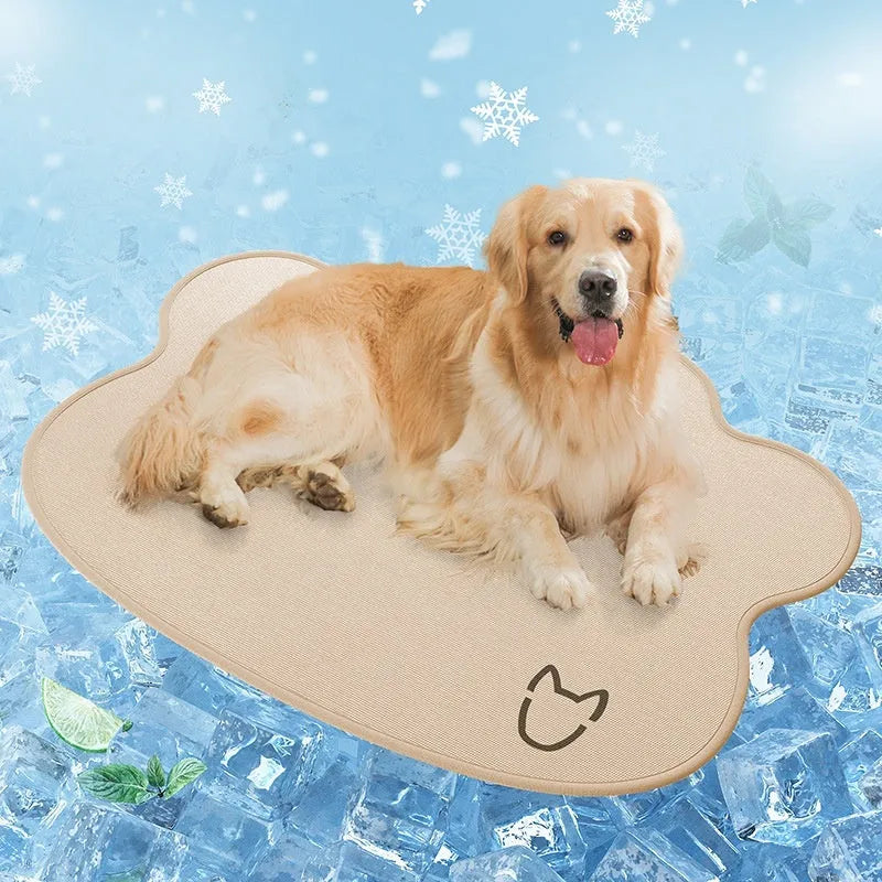 Ice silk dog cooling mat with dog head pattern in four colour options on non-slip base