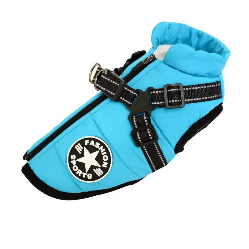 Waterproof dog coat with integrated harness in red, shown on a dog