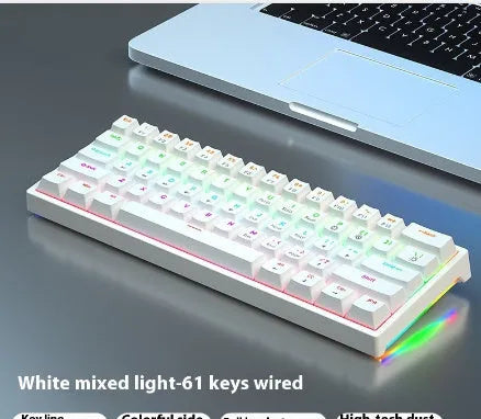 Bluish-black 61-key mechanical keyboard with wired USB cable on desktop