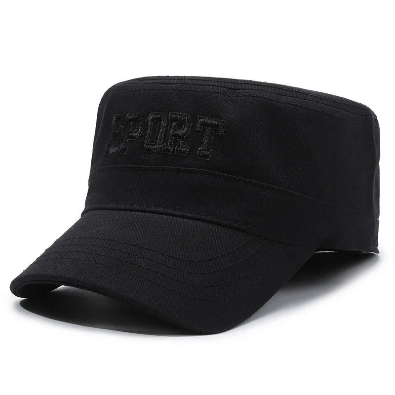 Men's flat-top cotton peaked cap with adjustable strap in army green colour