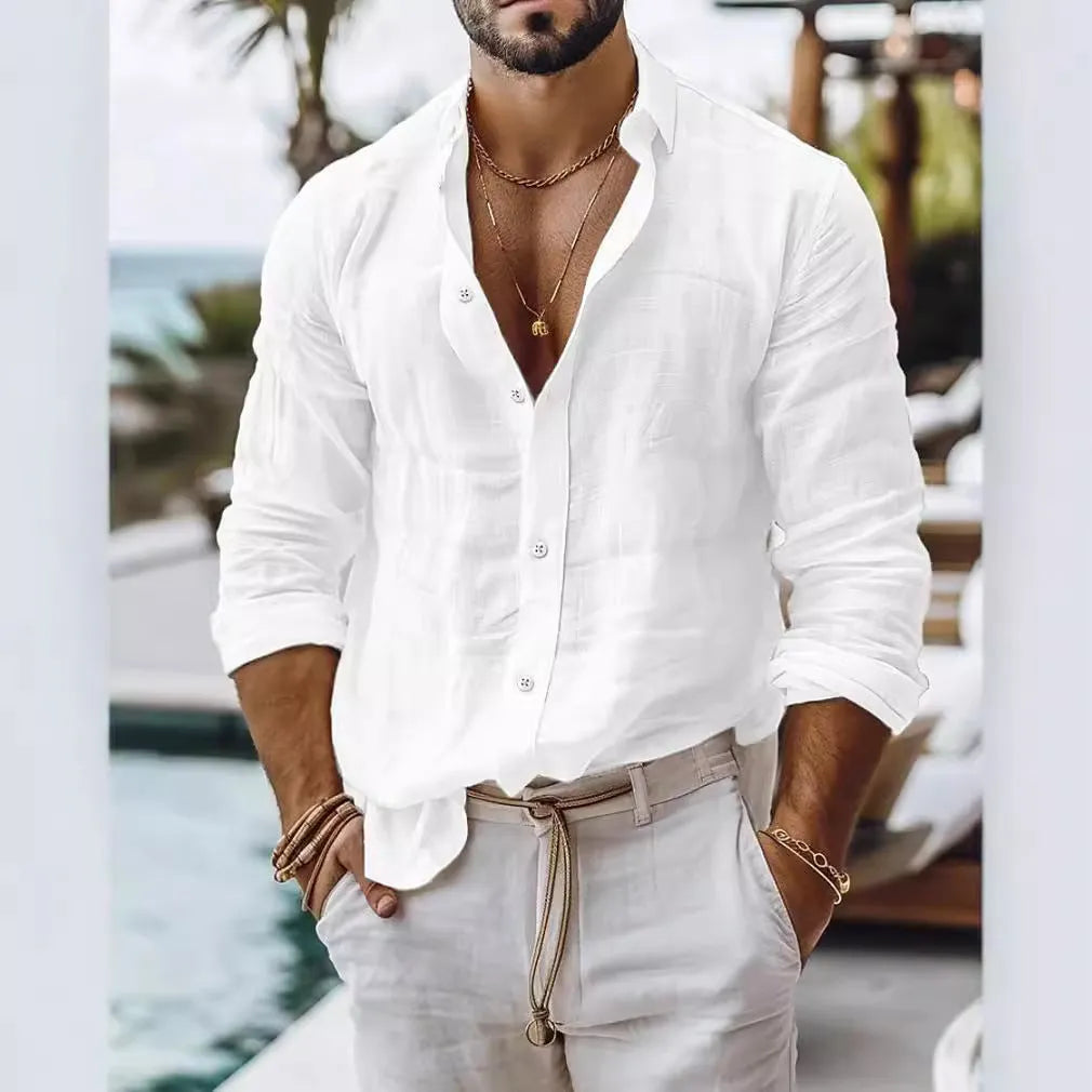 Men's solid colour cotton linen blend long sleeve shirt in regular cardigan style on white background