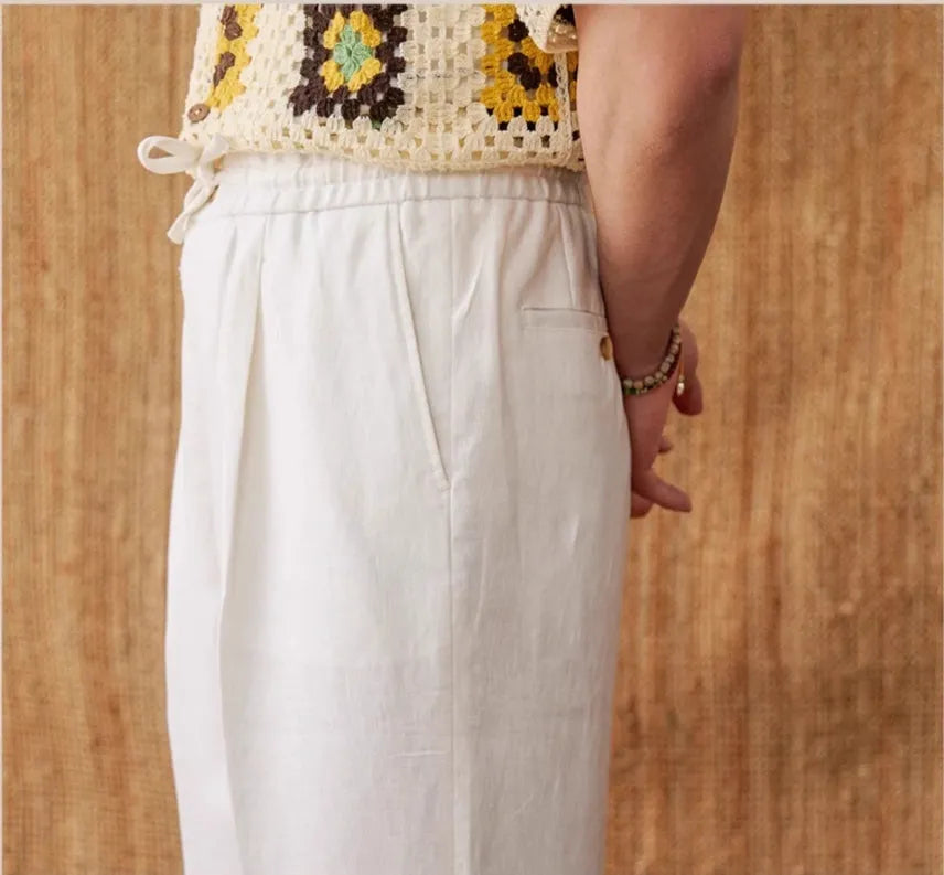 Linen straight-leg trousers with elasticated high waist in navy blue, white or greige colours