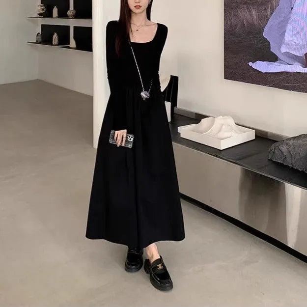 Women's black knitted A-line long sleeve dress with square collar and elasticated waist