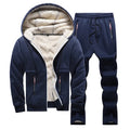 Fleece-lined thickened men's tracksuit set with hooded top and long pants in dark gray rabbit hair fabric