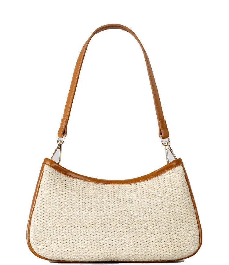 Khaki hand-woven straw selenodont crossbody bag made from PP grass with contrast colour detailing and single shoulder strap.