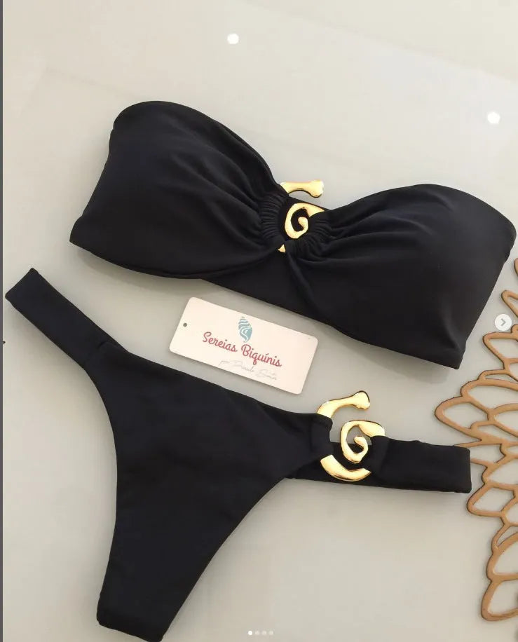 Women's metal ornament split swimsuit bikini in polyester, black snail ornament with removable shoulder strap, for swimming and wading