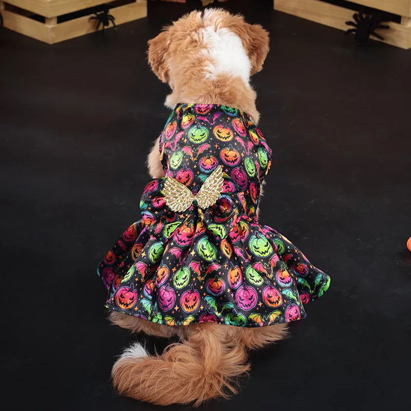 Angel wings Halloween dog costume in bright pumpkin colour showing wing design and size options