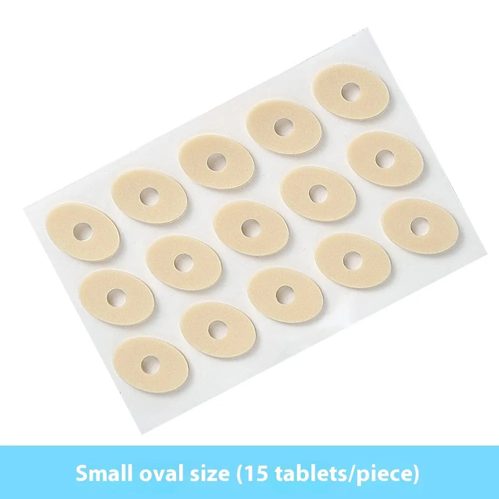 Women's heel corn protectors showing four shapes: large oval, small oval, U-shaped, and circular section PU gel pads