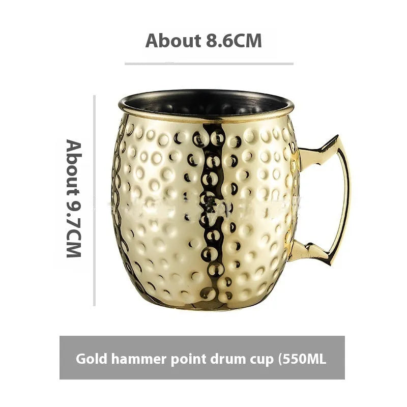Stainless steel Moscow Mule cup with copper-plated finish in hammered and plain styles.