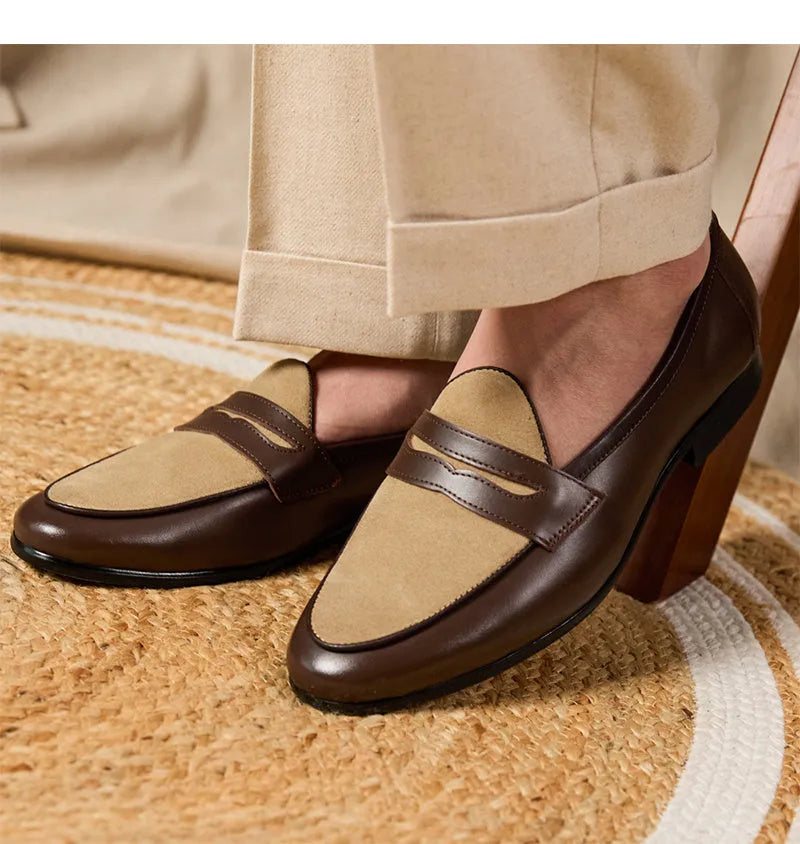 Brown suede leather loafers with high-gloss finish and stitched construction