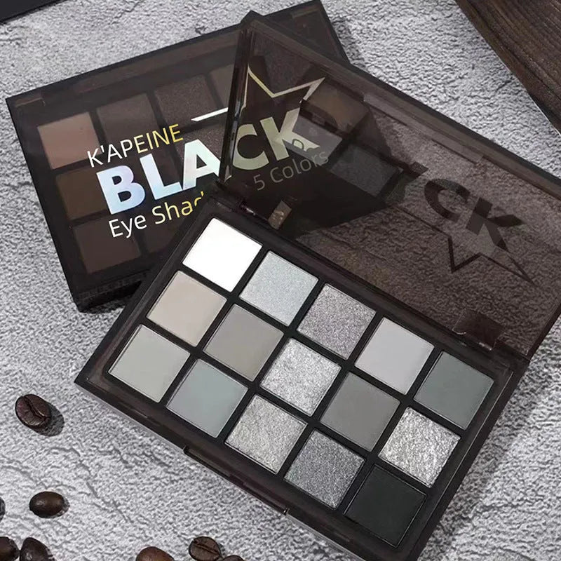 15-colour eye shadow palette with Cos Gray and Smoky Black matte shades for smoky makeup looks