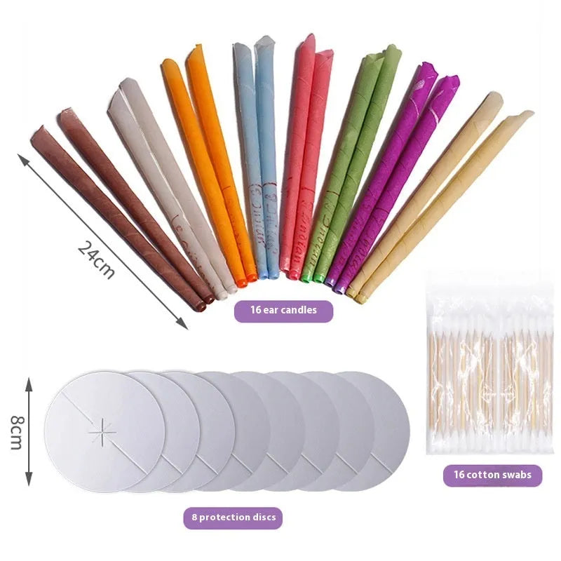 Ear candle therapy set showing cotton cloth candles, protection boards and cotton swabs in multiple colours