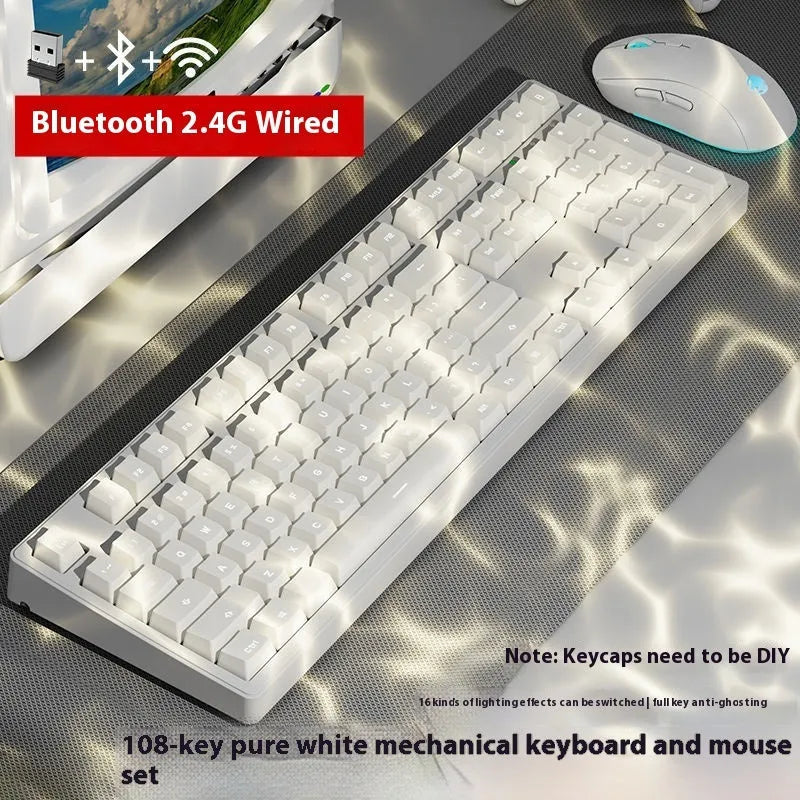 Wireless mechanical keyboard with three connection modes, shown in a choice of 87-key or 108-key layouts and various colour themes.