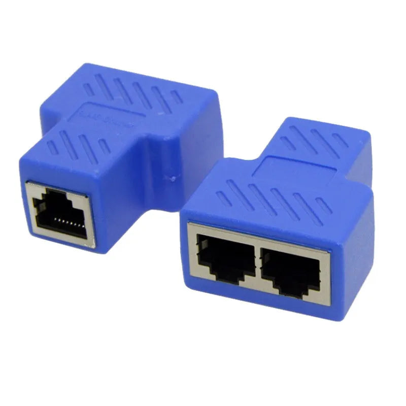 Two white RJ45 network cable splitters showing three female Ethernet ports each.