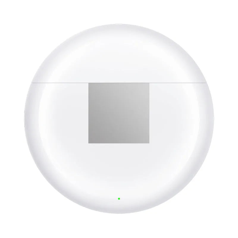 White Budz5 wireless Bluetooth earphones with charging case on a table