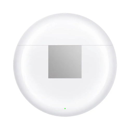 White Budz5 wireless Bluetooth earphones with charging case on a table
