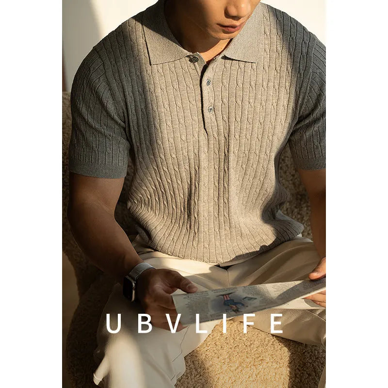 Men's khaki short sleeve casual top for business wear on a grey background