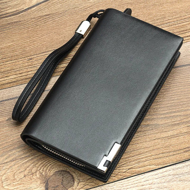 Men's long black PU leather wallet with full-length zipper closure showing seven card slots
