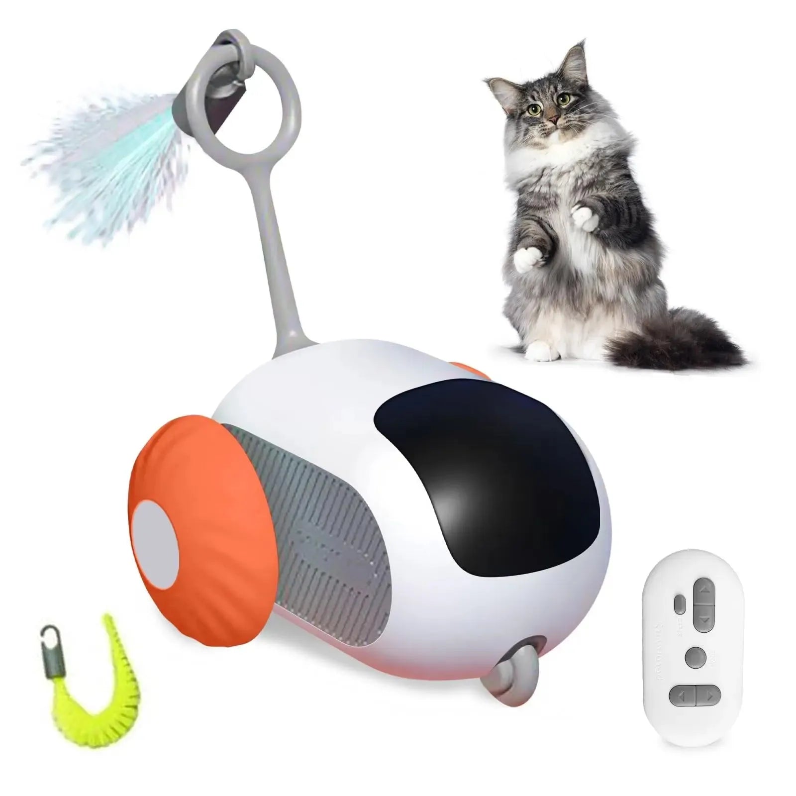 Blue or orange smart electronic cat toy car with feather teaser and remote control on floor.