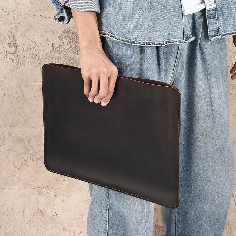 Brown genuine leather computer bag with horizontal design and cowhide lining
