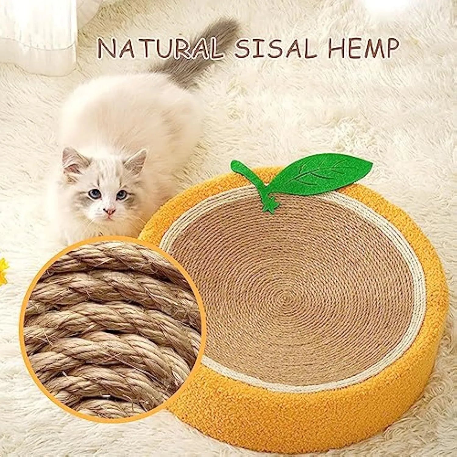 Round yellow fruit-shaped cat scratching board with sisal surface and concave sleep centre