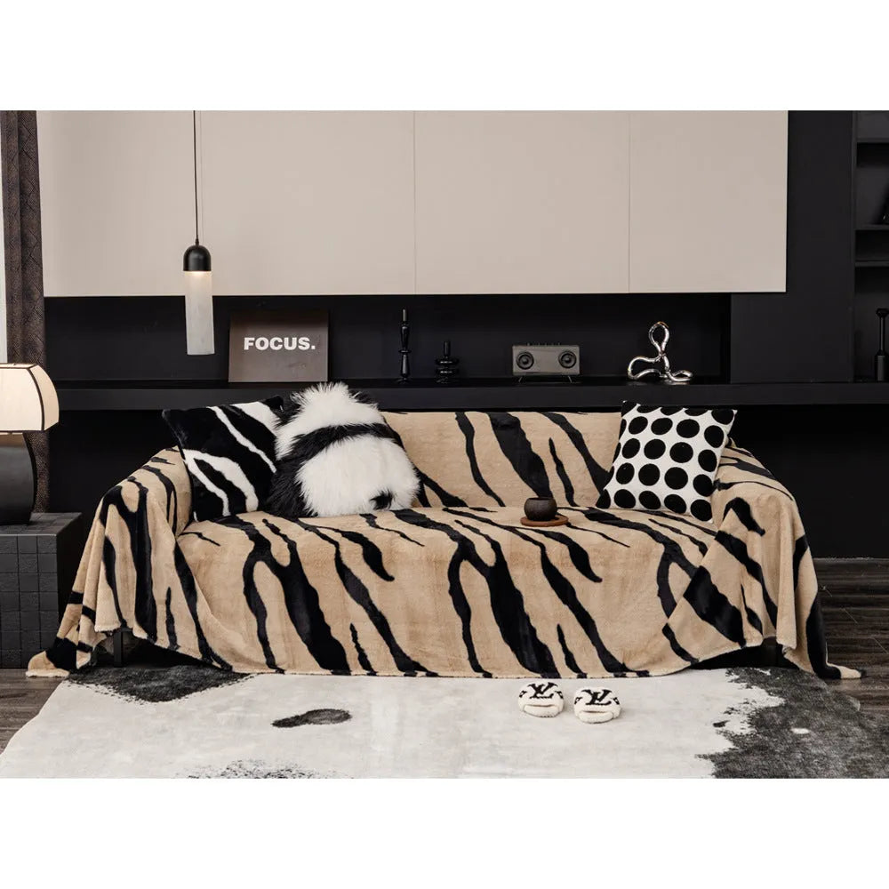 Zebra pattern flannel sofa cover on furniture in caramel colour with matching pillowcase