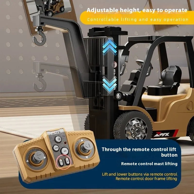 1:64 scale grey alloy remote control forklift toy with cargo hook and pallet accessories on a table