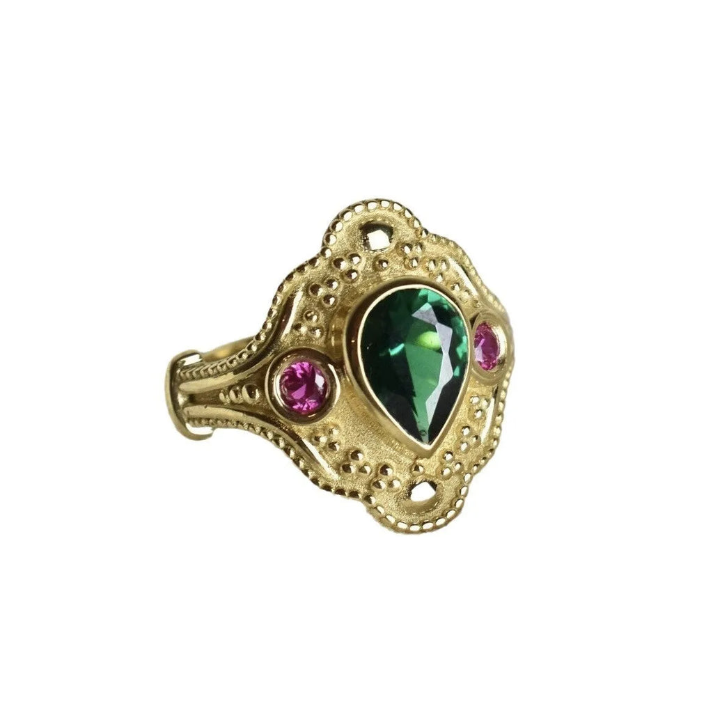 Gold-plated geometric ins style women's ring in golden lvzuan colour on a white background.