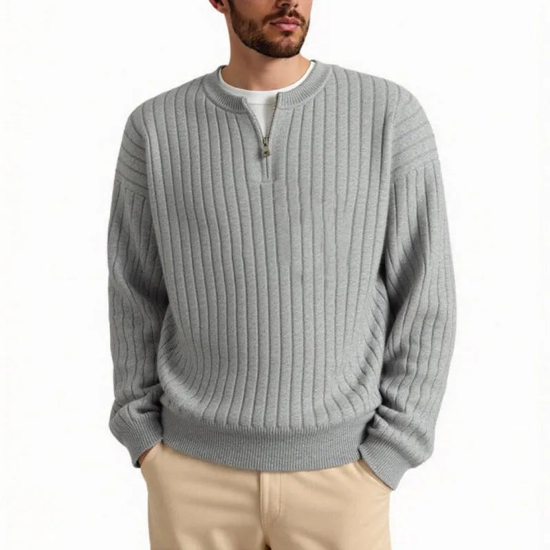 Gray men's loose half-zip textured knit sweater on a hanger.