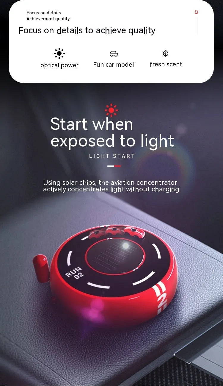 Round black solar-powered car perfume diffuser with USB port on a car dashboard.