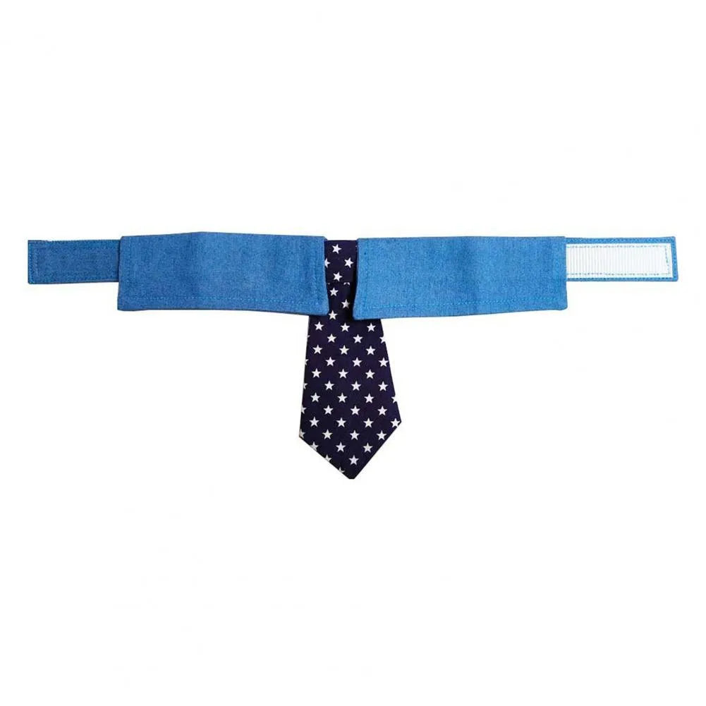 Blue denim dog collar styled as a necktie with white star pattern, showing fastener tape adjustment.