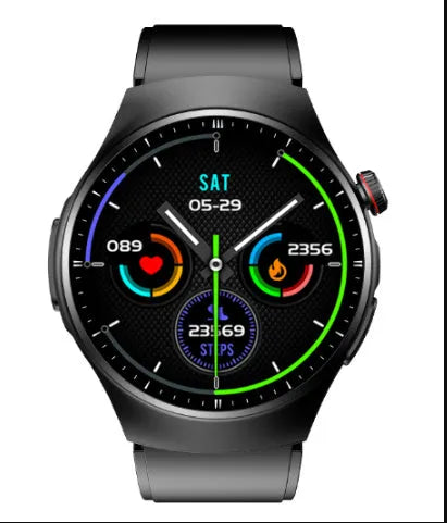 Smart watch with wireless charging and ECG monitoring, 1.32-inch screen, metal alloy case, black leather strap