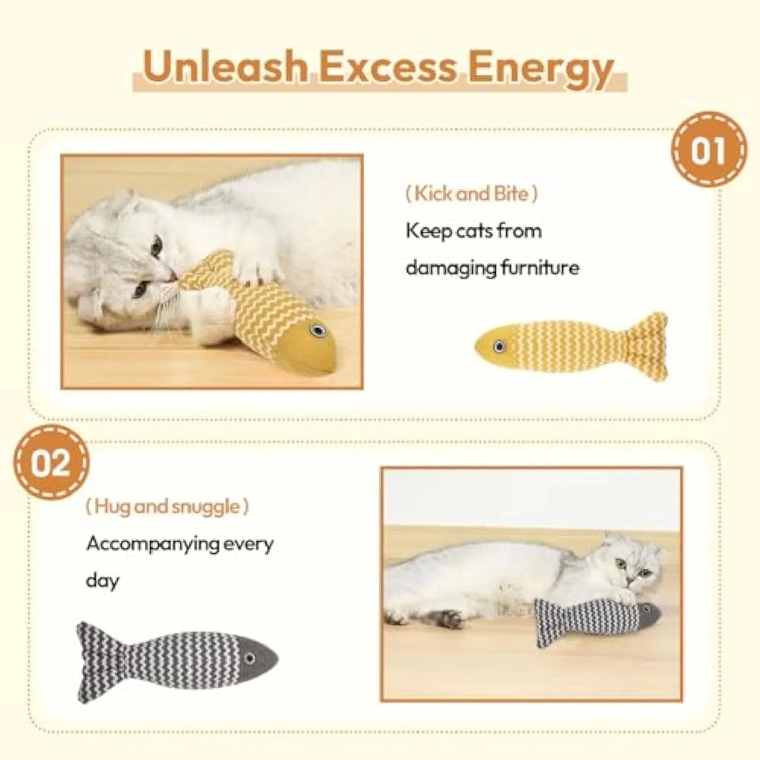 Three catnip fish toys in coffee, gray, and yellow for indoor cat self-play