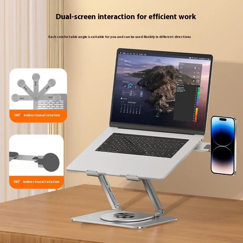 Silver carbon steel laptop stand with a rotating magnetic mobile phone holder attached to the side.