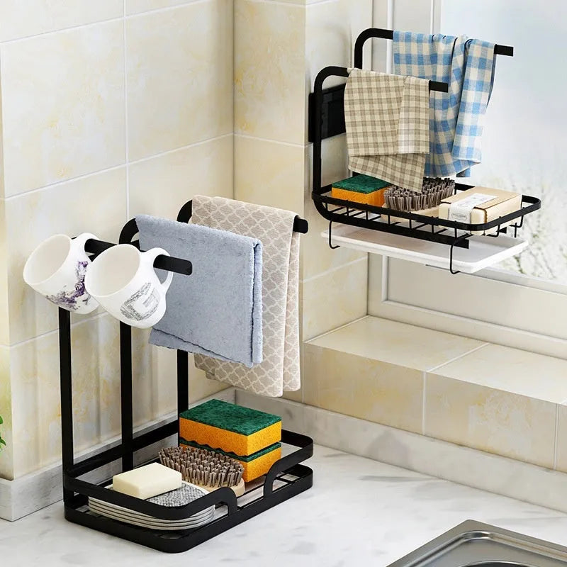 Folding plastic kitchen storage rack for rag draining with wall mount and table top options