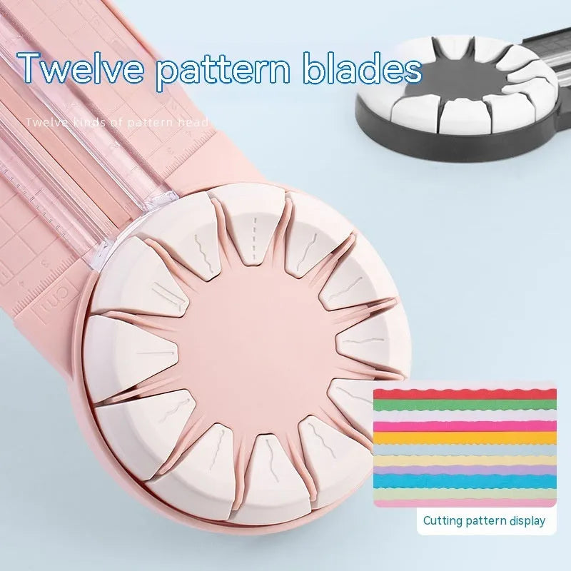 Plastic paper cutting machine with 12 patterns in pink colour on craft table