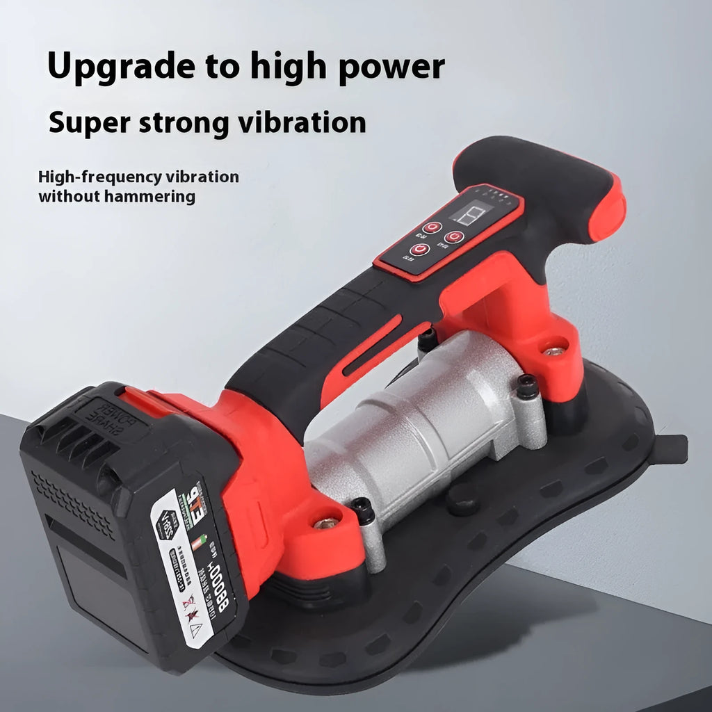 Cordless tile laying machine with digital display showing settings, placed next to ceramic tiles