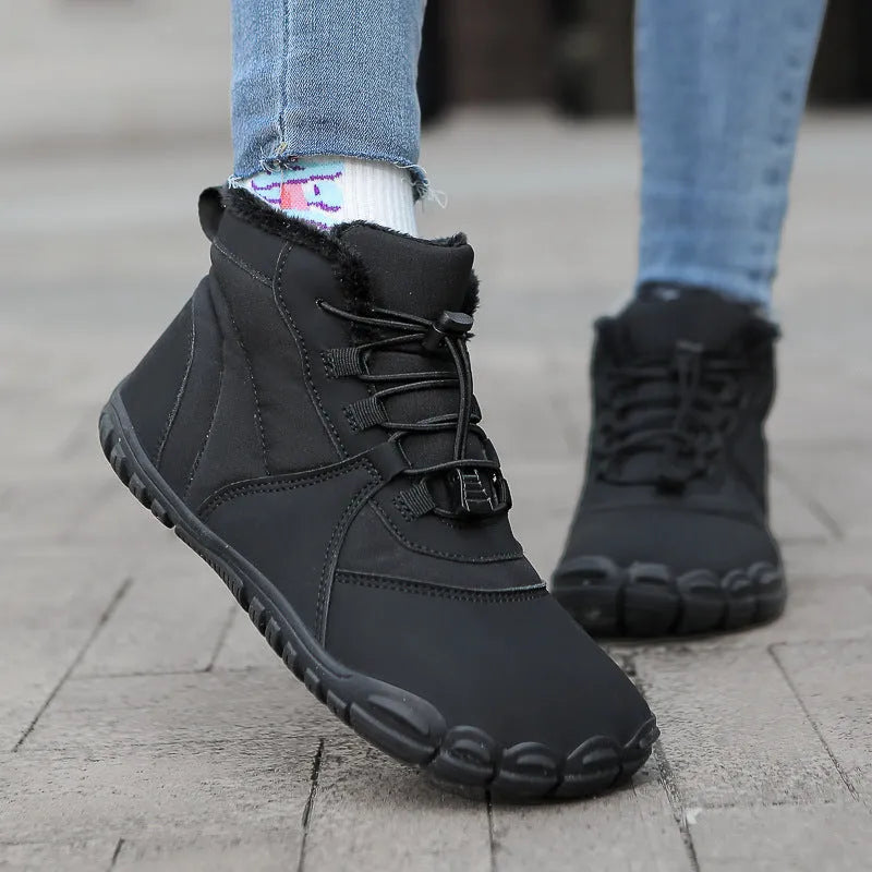 Waterproof fleece-lined snow boots with lace-up front and rubber soles in black, pink, or khaki