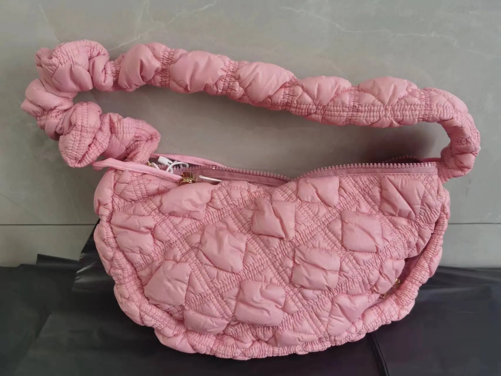 Women's casual nylon underarm messenger bag in beige colour showing dimensions and adjustable shoulder strap