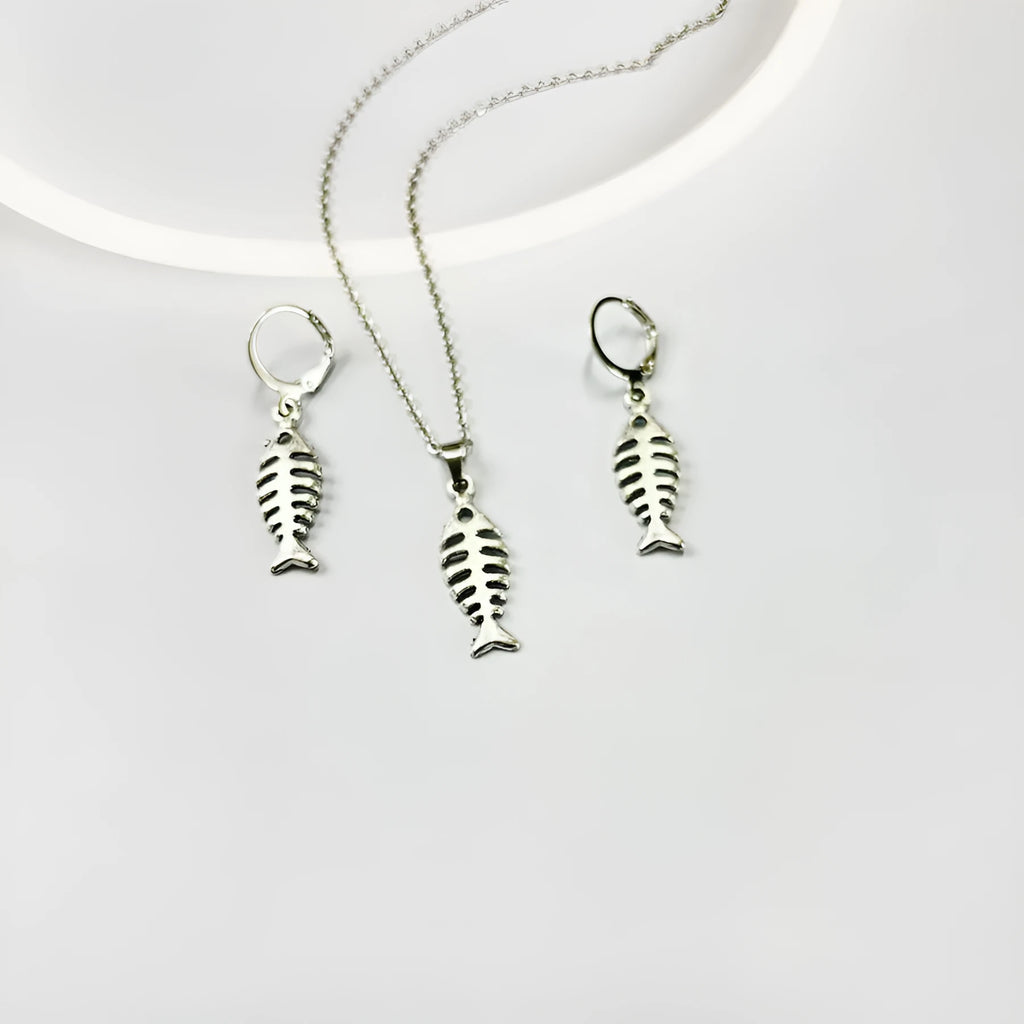 Fishbone pendant necklace and matching earrings set with retro style design and adjustable chain