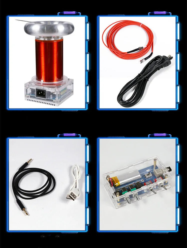 Tesla coil SSTC driver board with controller and cables, showing dimensions 100x115x205mm