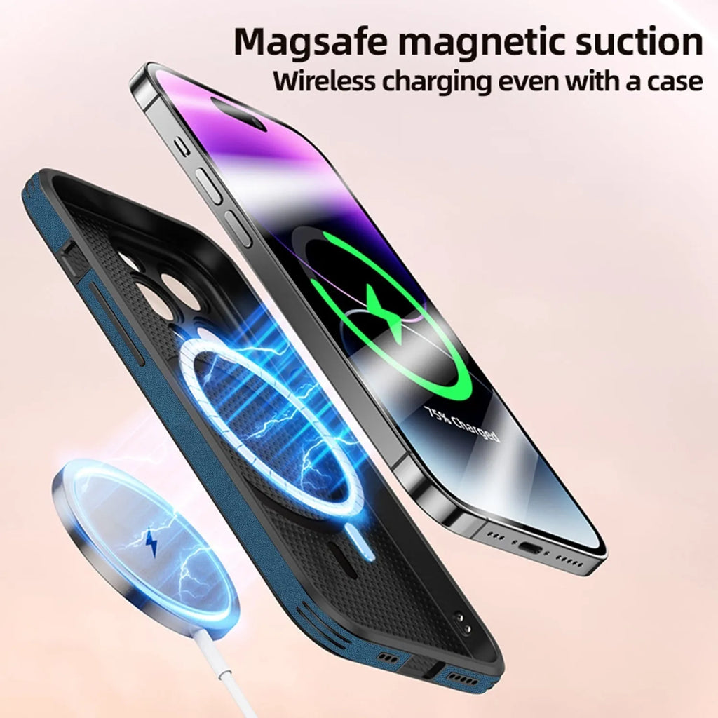 iPhone 16 series magnetic charging phone case with embossed brown moose head design on imitation leather.